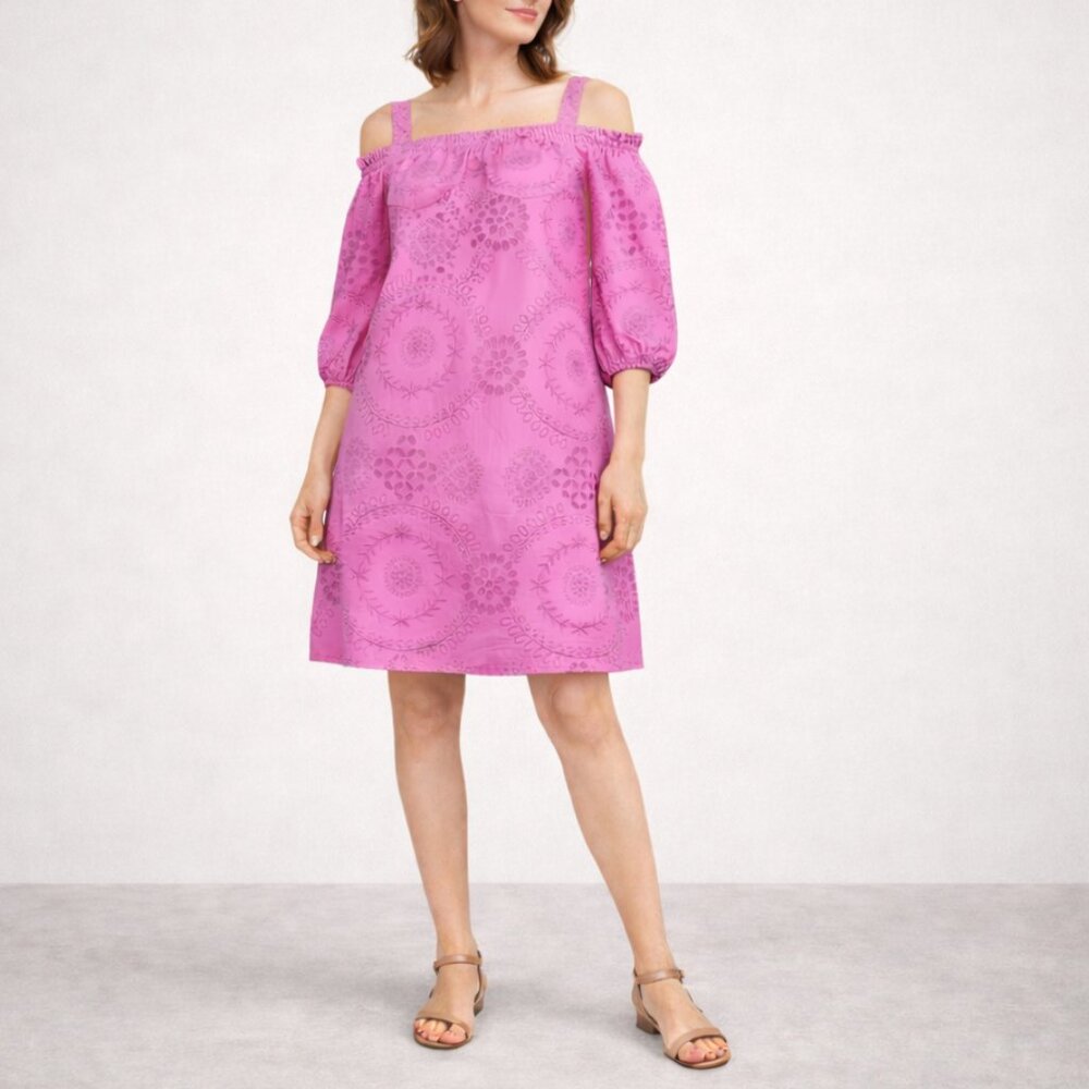 Trina Turk Pink Eyelet Cold Shoulder Dress NWT Barbiecore Resort Wedding M
